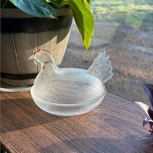 Vintage Clear Indiana Glass Hen on Nest - Flat Tail - Red Painted Comb/Wattles